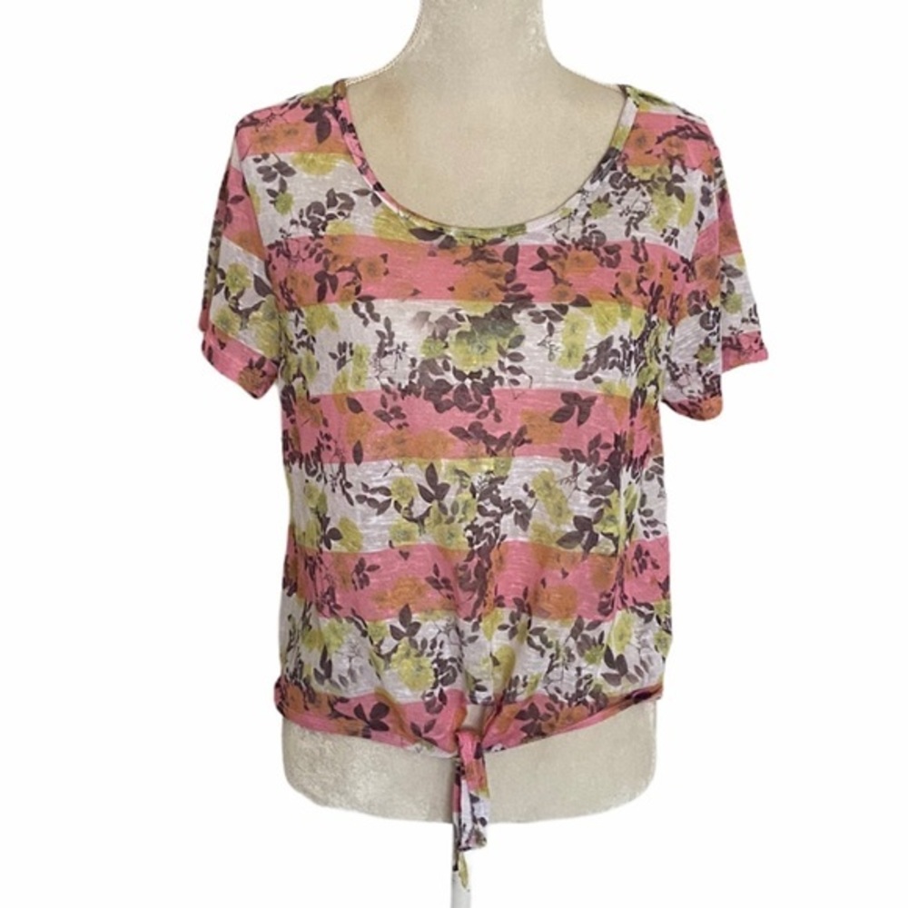 Aeropostal Sheer Cotton Stiped Tie‎ Front Tee sz L